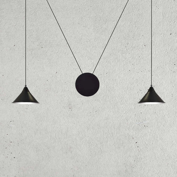 Sospensione Minimal 2 Luci Fujin In Acciao Nero E Paralume A Cono
