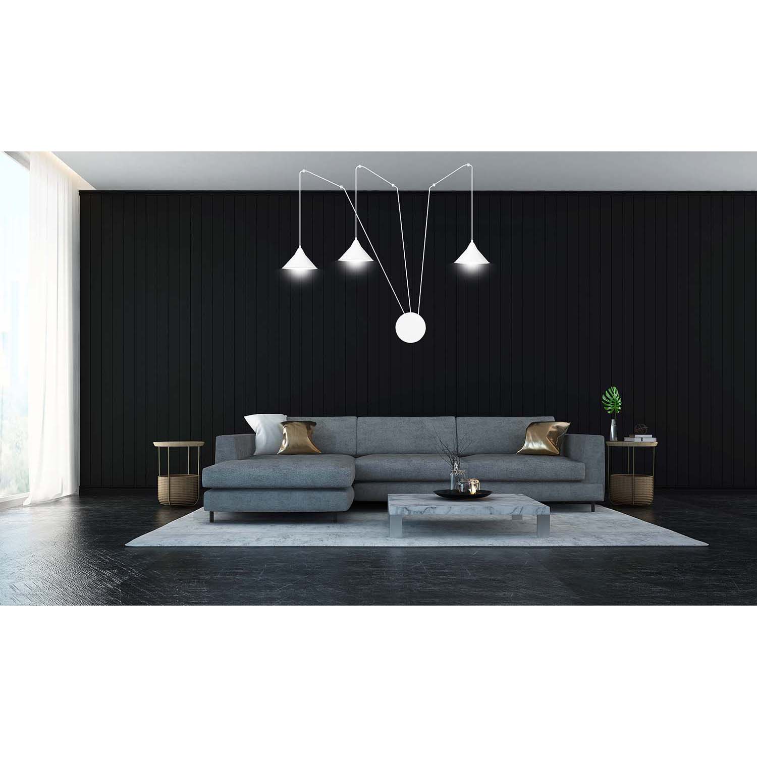 Sospensione Minimal 3 Luci Fujin In Acciao Bianco E Paralume A Cono