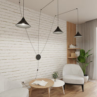 Sospensione Minimal 3 Luci Fujin In Acciao Nero E Paralume A Cono