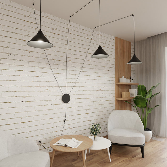 Sospensione Minimal 3 Luci Fujin In Acciao Nero E Paralume A Cono