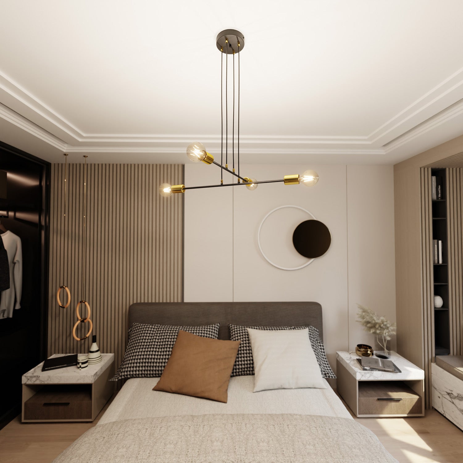 Lampadario Industrial 4 Luci Benzaiten A Bracci In Acciaio Nero E Oro