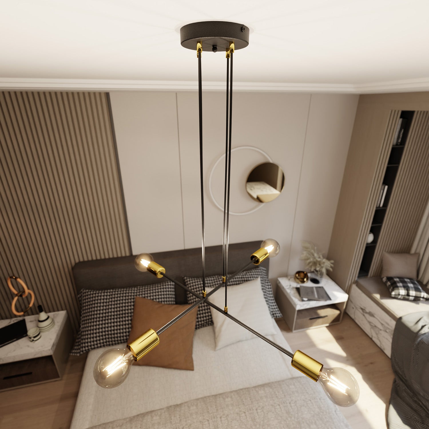 Lampadario Industrial 4 Luci Benzaiten A Bracci In Acciaio Nero E Oro