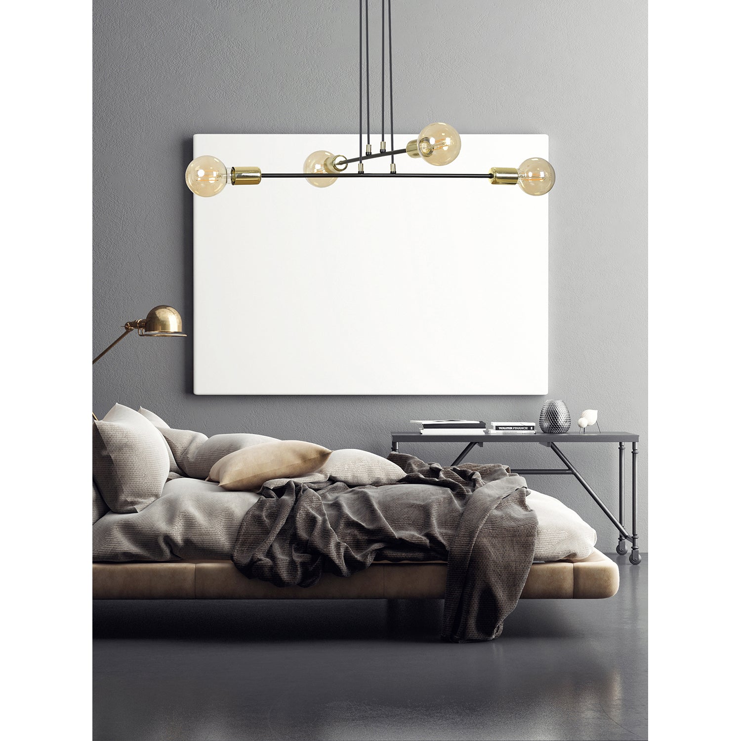 Lampadario Industrial 4 Luci Benzaiten A Bracci In Acciaio Nero E Oro