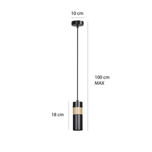 Sospeensione 1 Luce Change In Acciaio Nero A Cilindro Con Legno Naturale
