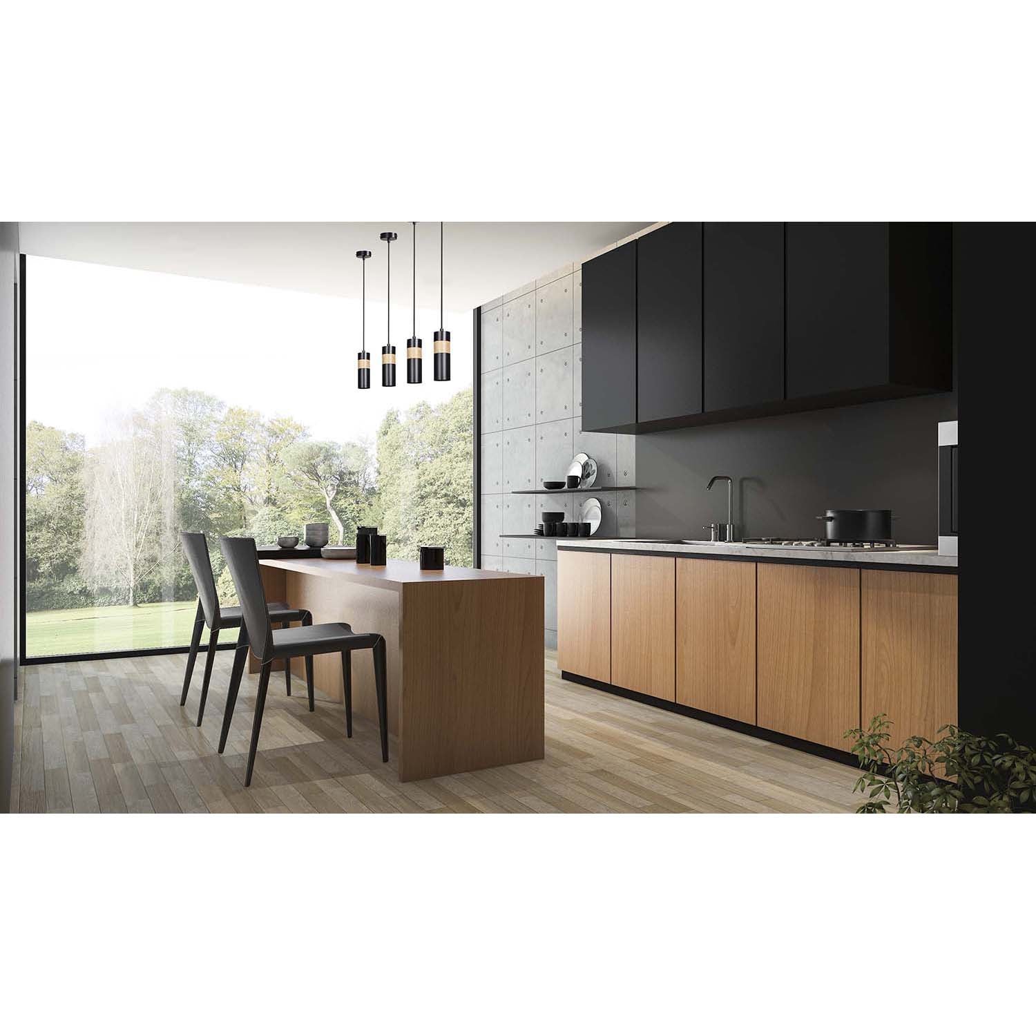 Sospeensione 1 Luce Change In Acciaio Nero A Cilindro Con Legno Naturale