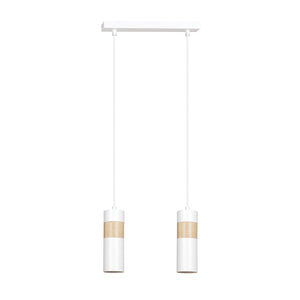 Lampadario 2 Luci Change In Acciaio Bianco A Cilindro Con Legno Naturale