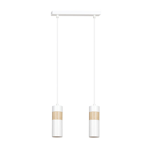 Lampadario 2 Luci Change In Acciaio Bianco A Cilindro Con Legno Naturale