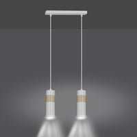 Lampadario 2 Luci Change In Acciaio Bianco A Cilindro Con Legno Naturale