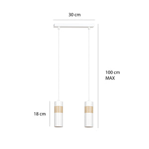 Lampadario 2 Luci Change In Acciaio Bianco A Cilindro Con Legno Naturale