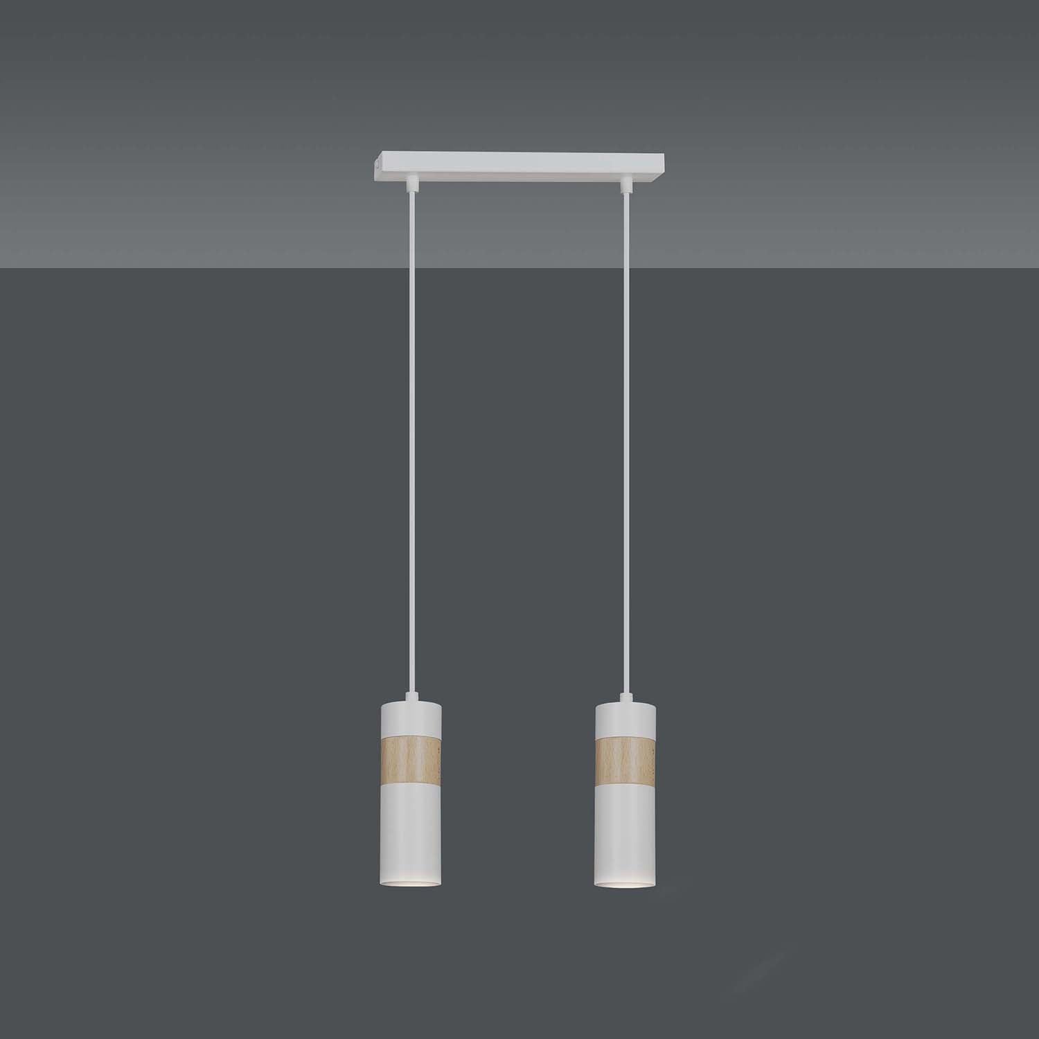 Lampadario 2 Luci Change In Acciaio Bianco A Cilindro Con Legno Naturale