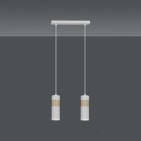 Lampadario 2 Luci Change In Acciaio Bianco A Cilindro Con Legno Naturale