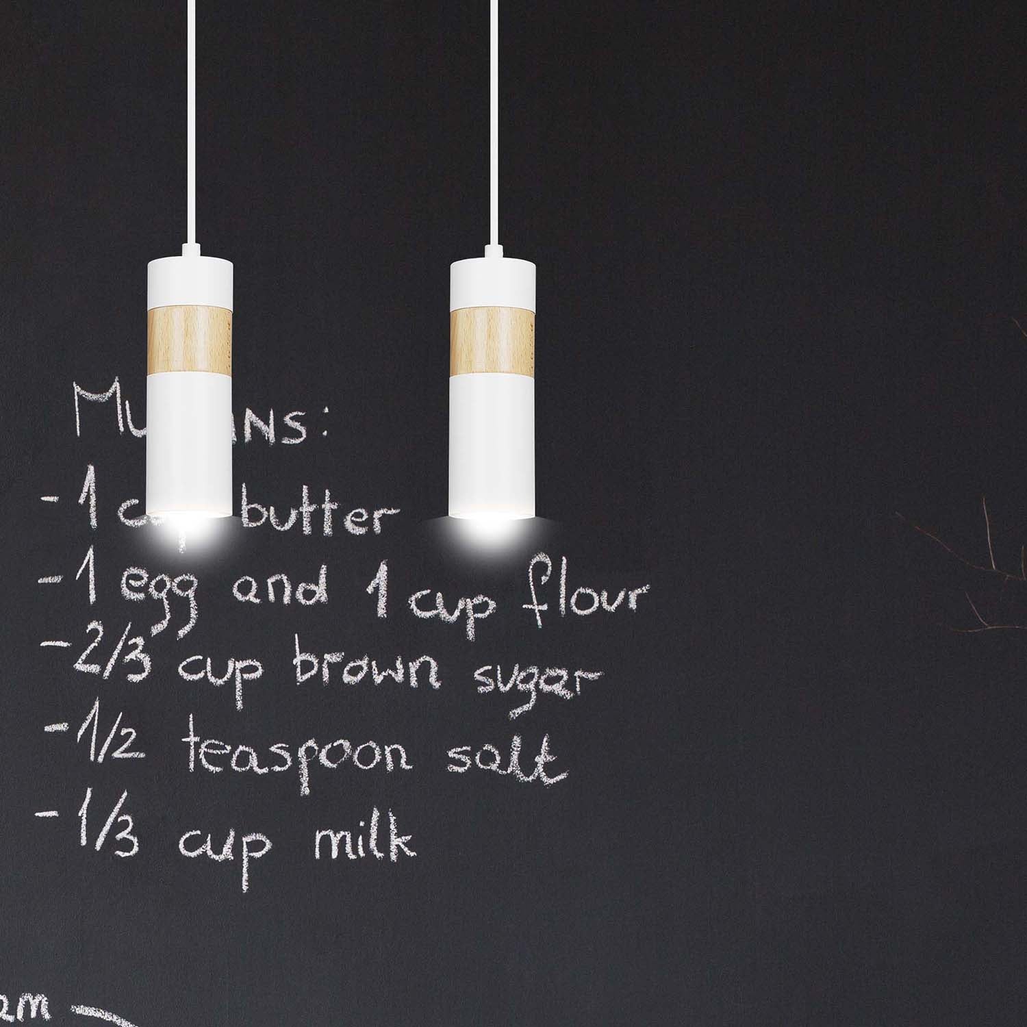 Lampadario 2 Luci Change In Acciaio Bianco A Cilindro Con Legno Naturale