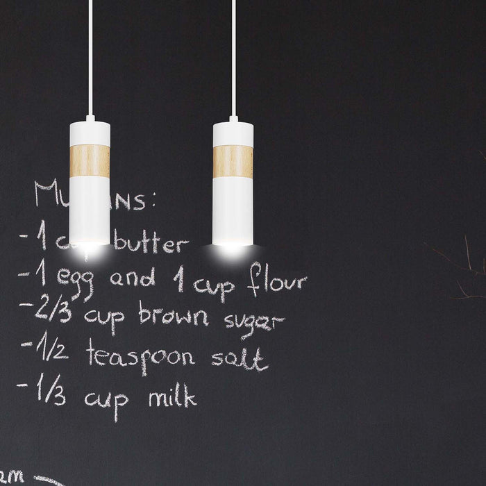 Lampadario 2 Luci Change In Acciaio Bianco A Cilindro Con Legno Naturale