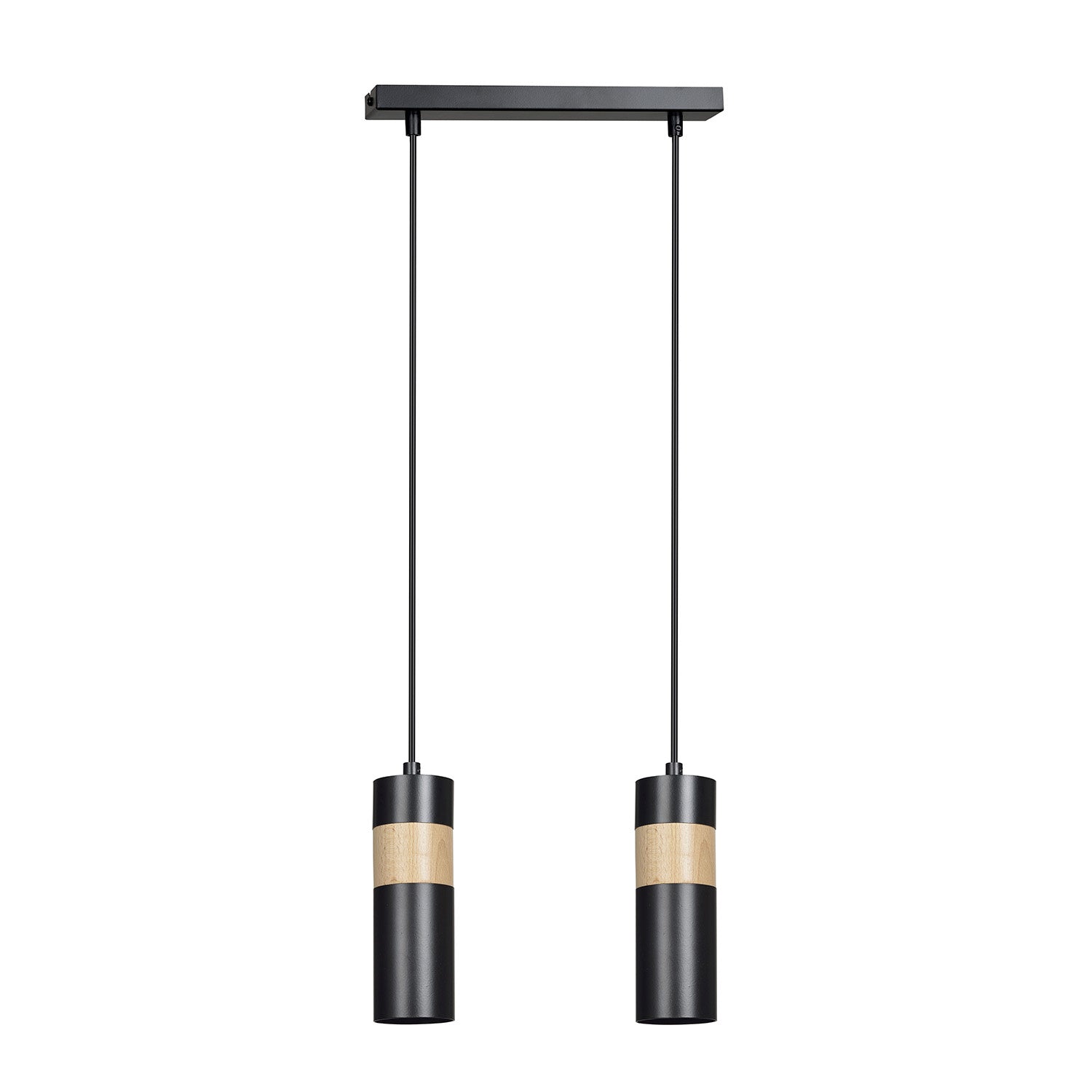 Lampadario 2 Luci Change In Acciaio Nero A Cilindro Con Legno Naturale