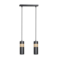 Lampadario 2 Luci Change In Acciaio Nero A Cilindro Con Legno Naturale