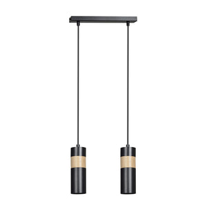 Lampadario 2 Luci Change In Acciaio Nero A Cilindro Con Legno Naturale