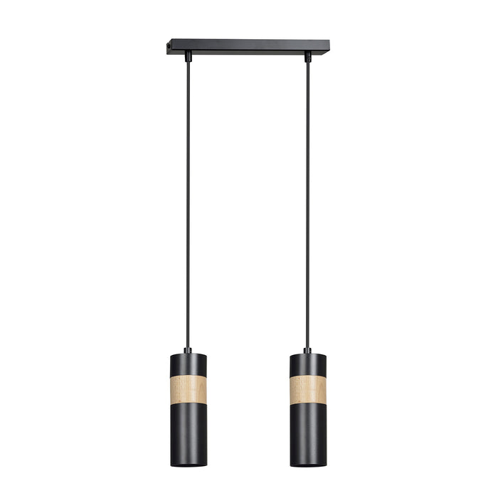 Lampadario 2 Luci Change In Acciaio Nero A Cilindro Con Legno Naturale