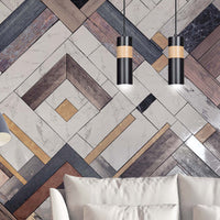 Lampadario 2 Luci Change In Acciaio Nero A Cilindro Con Legno Naturale