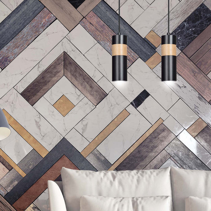 Lampadario 2 Luci Change In Acciaio Nero A Cilindro Con Legno Naturale