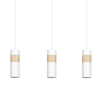 Lampadario 3 Luci Change In Acciaio Bianco A Cilindro Con Legno Naturale