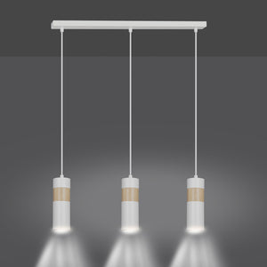 Lampadario 3 Luci Change In Acciaio Bianco A Cilindro Con Legno Naturale