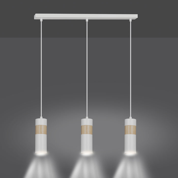 Lampadario 3 Luci Change In Acciaio Bianco A Cilindro Con Legno Naturale