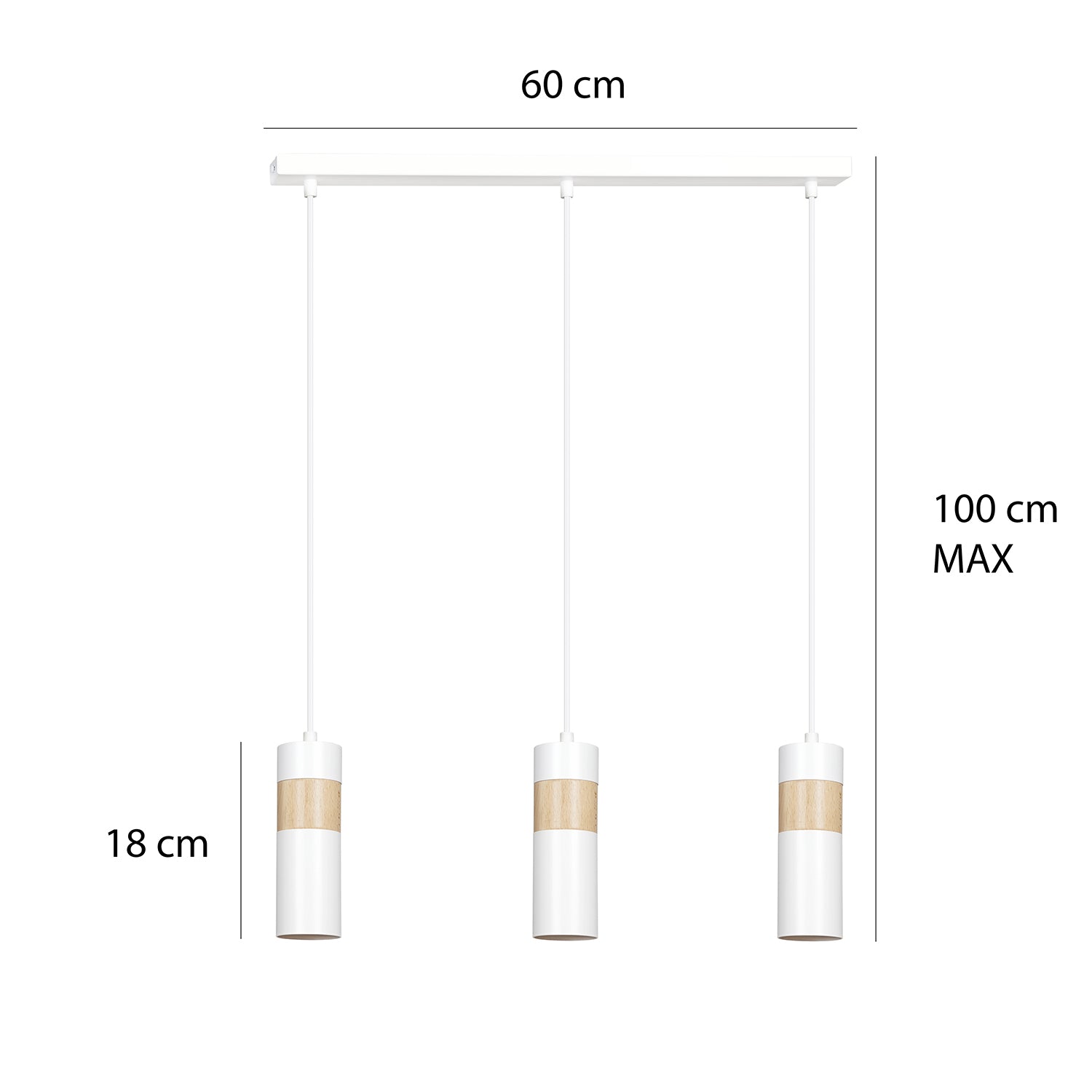 Lampadario 3 Luci Change In Acciaio Bianco A Cilindro Con Legno Naturale