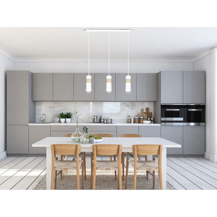 Lampadario 3 Luci Change In Acciaio Bianco A Cilindro Con Legno Naturale