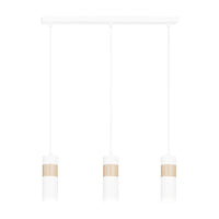 Lampadario 3 Luci Change In Acciaio Bianco A Cilindro Con Legno Naturale