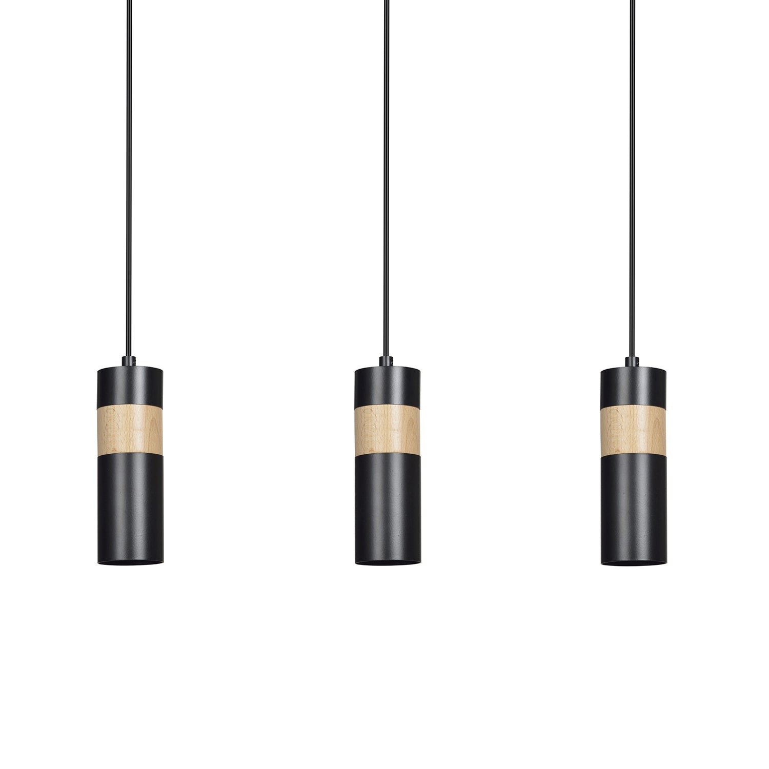 Lampadario 3 Luci Change In Acciaio Nero A Cilindro Con Legno Naturale