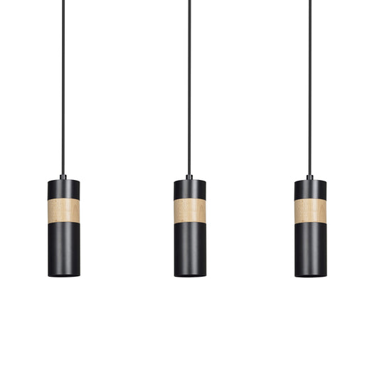 Lampadario 3 Luci Change In Acciaio Nero A Cilindro Con Legno Naturale