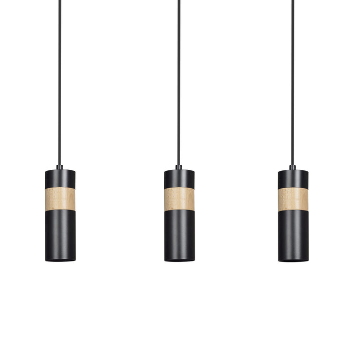 Lampadario 3 Luci Change In Acciaio Nero A Cilindro Con Legno Naturale