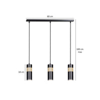 Lampadario 3 Luci Change In Acciaio Nero A Cilindro Con Legno Naturale