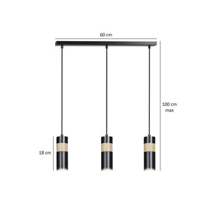 Lampadario 3 Luci Change In Acciaio Nero A Cilindro Con Legno Naturale