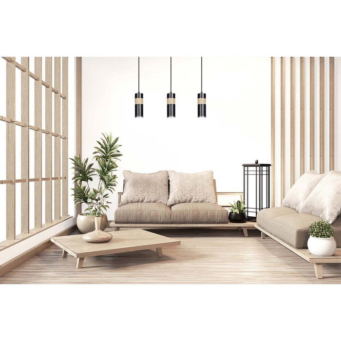 Lampadario 3 Luci Change In Acciaio Nero A Cilindro Con Legno Naturale