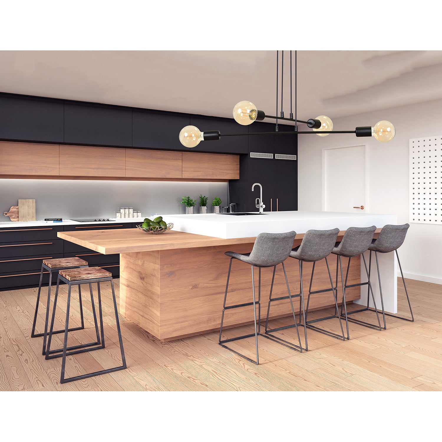 Lampadario Industrial 4 Luci Multiplo In Acciaio Bianco A Bracci