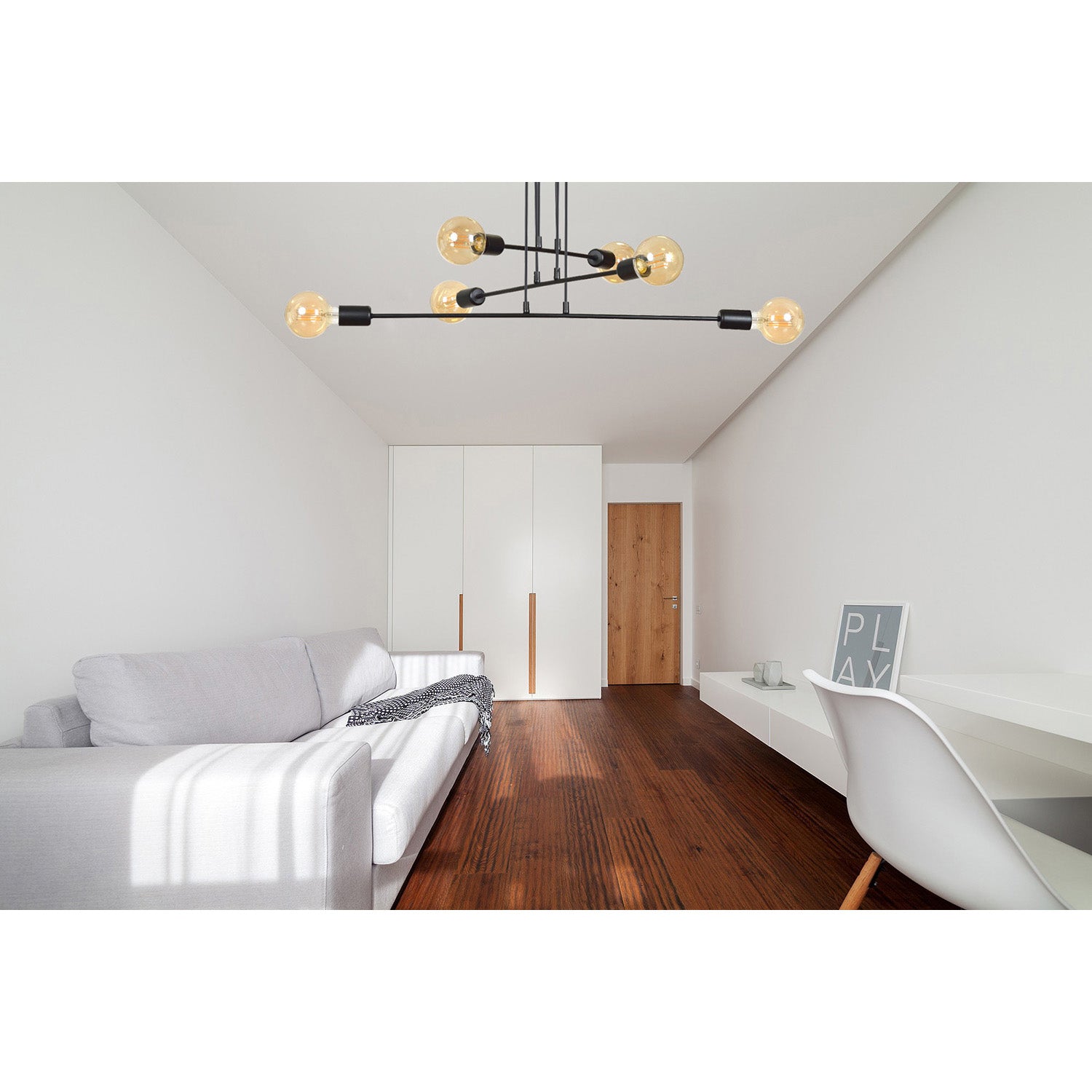 Lampadario Industrial 6 Luci Multiplo In Acciaio Nero A Bracci