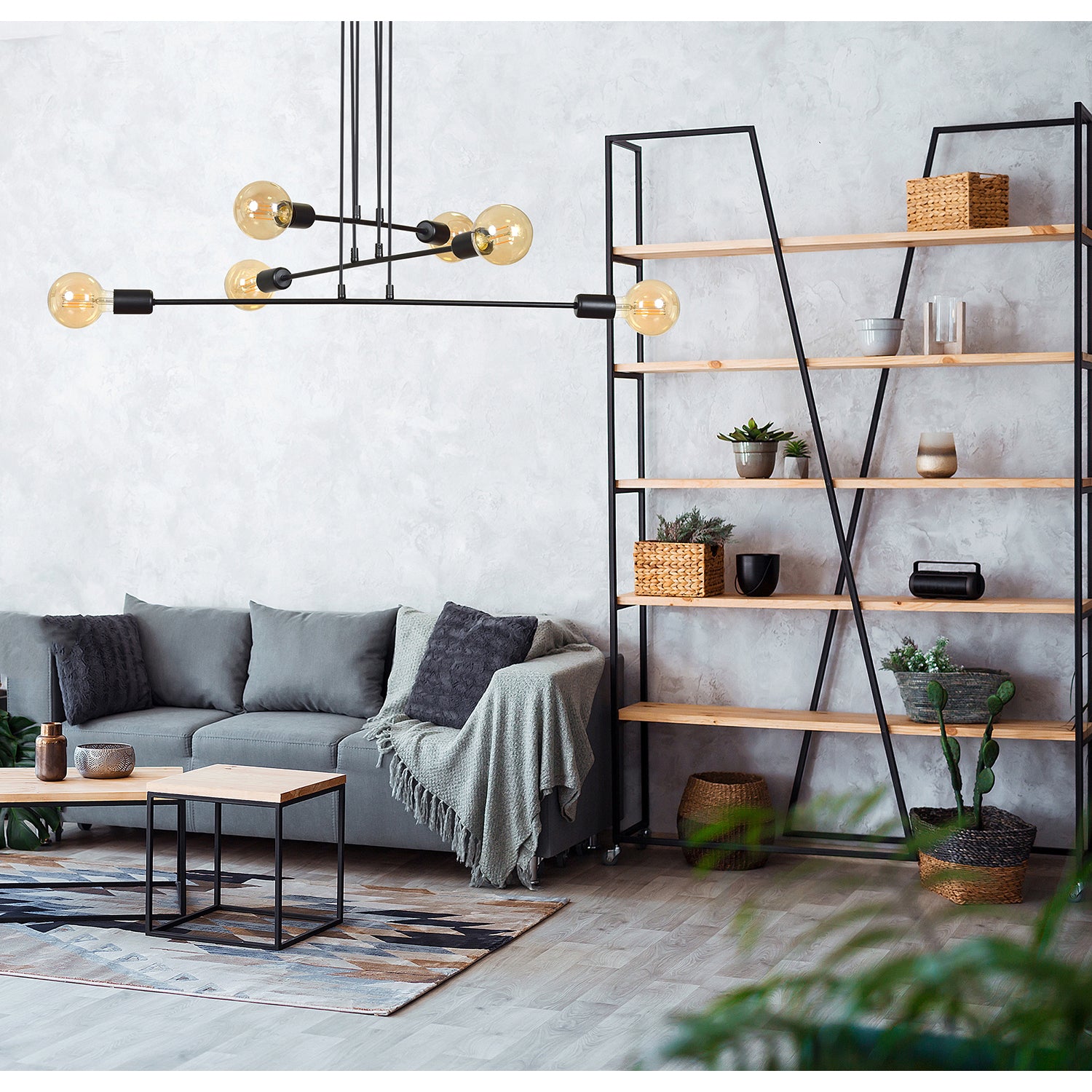 Lampadario Industrial 6 Luci Multiplo In Acciaio Nero A Bracci