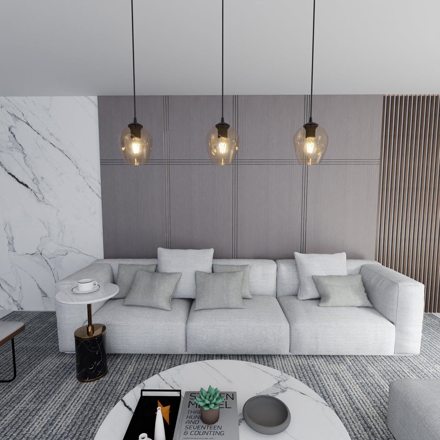 Sospensione 1 Luce Fuxi In Acciaio Nero E Vetro Ambra