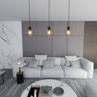 Sospensione 1 Luce Fuxi In Acciaio Nero E Vetro Ambra