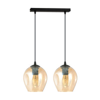 Lampadario 2 Luci Fuxi In Acciaio Nero E Vetro Ambra