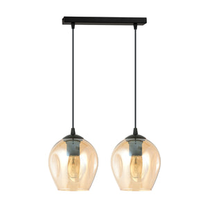 Lampadario 2 Luci Fuxi In Acciaio Nero E Vetro Ambra