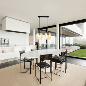 Lampadario 2 Luci Fuxi In Acciaio Nero E Vetro Ambra