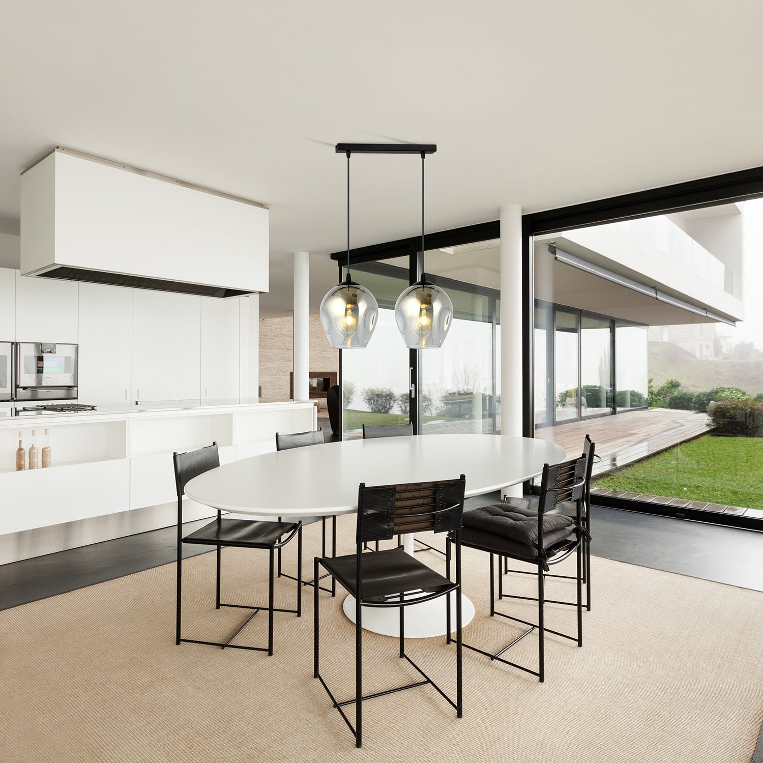 Lampadario 2 Luci Fuxi In Acciaio Nero E Vetri Fumè