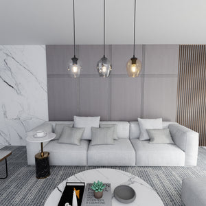 Lampadario 3 Luci Fuxi In Acciaio Nero E Vetri Ambra, Trasparente E Fumè