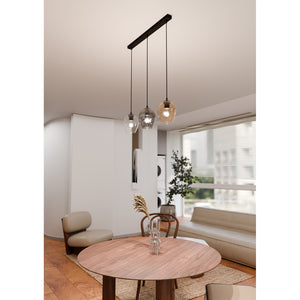 Lampadario 3 Luci Fuxi In Acciaio Nero E Vetri Ambra, Trasparente E Fumè