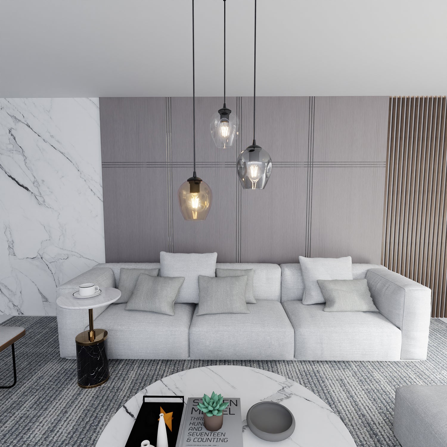 Lampadario 3 Luci Fuxi Base Tonda Acciaio Nero E Vetri Ambra Trasparente E Fumè