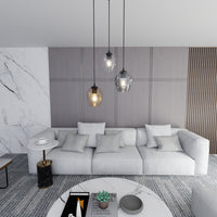 Lampadario 3 Luci Fuxi Base Tonda Acciaio Nero E Vetri Ambra Trasparente E Fumè