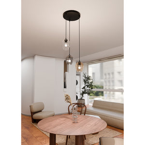 Lampadario 3 Luci Fuxi Base Tonda Acciaio Nero E Vetri Ambra Trasparente E Fumè