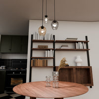 Lampadario 3 Luci Fuxi Base Tonda Acciaio Nero E Vetri Ambra Trasparente E Fumè